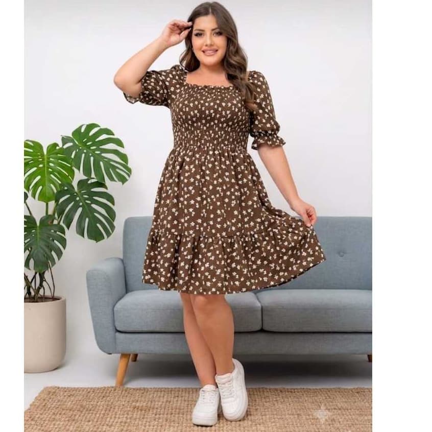 Vestido Feminino Lastex Manguinha Bufante, com estampa florzinha, CURTO