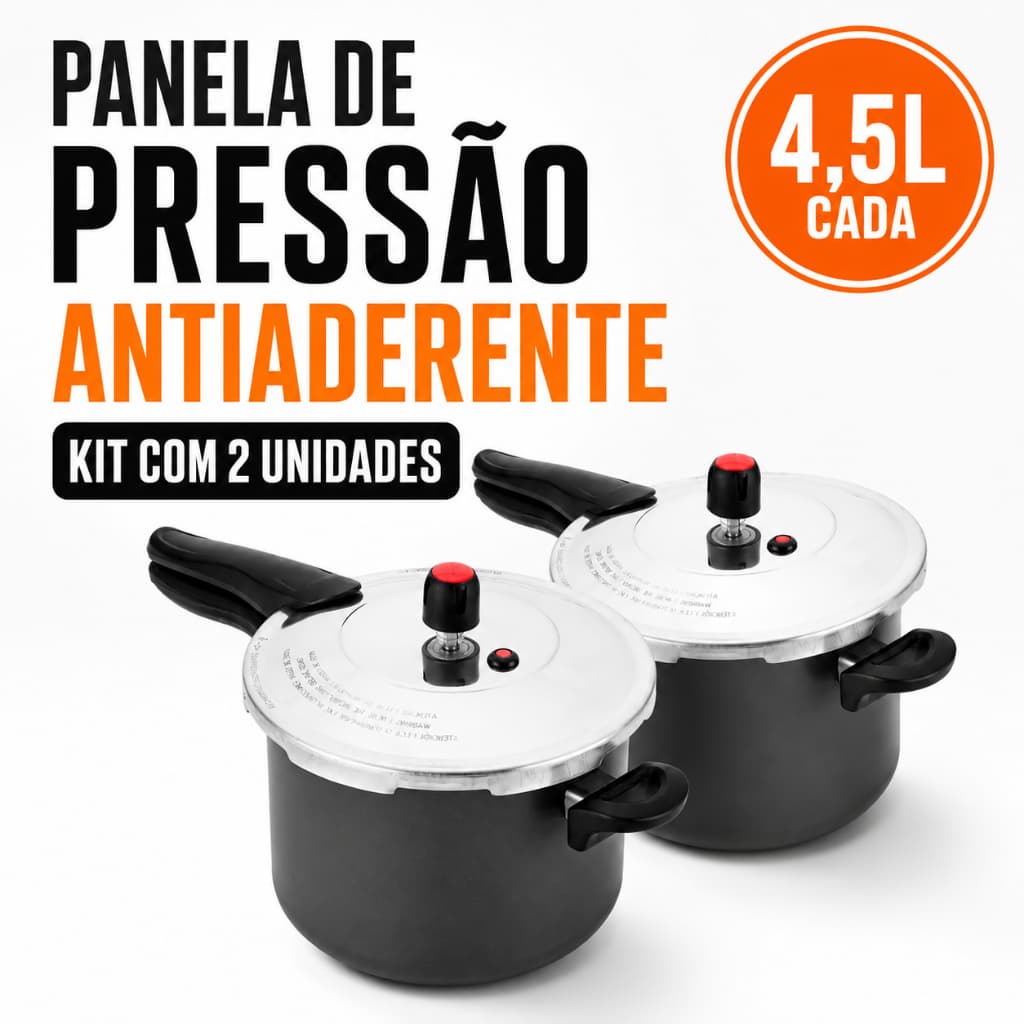 Kit Com 2 Panela De Pressão Grande 4,5 Litros Antiaderente Teflon Fechamento Externo Premium Cinza