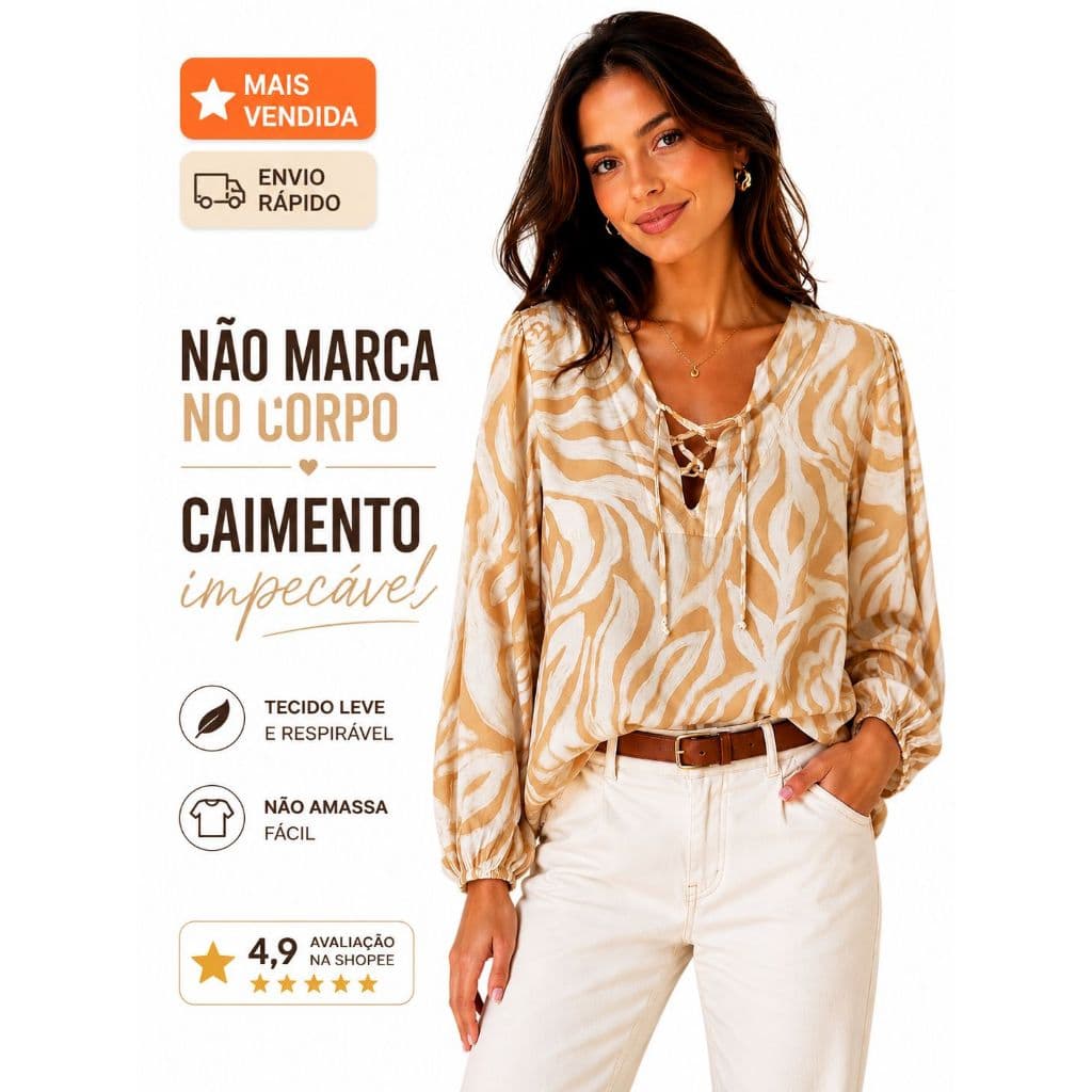 Blusa Feminina Estampada Viscose Premium Manga Longa Leve Elegante Não Amassa Fácil G GG