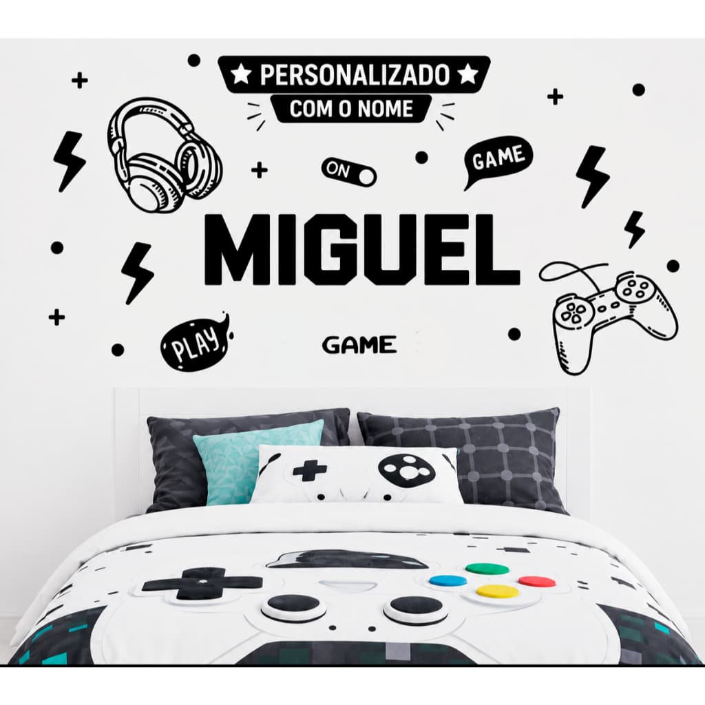 Adesivo de Parede Game Gamer Controle  Fone de Ouvido  Nome Personalizado