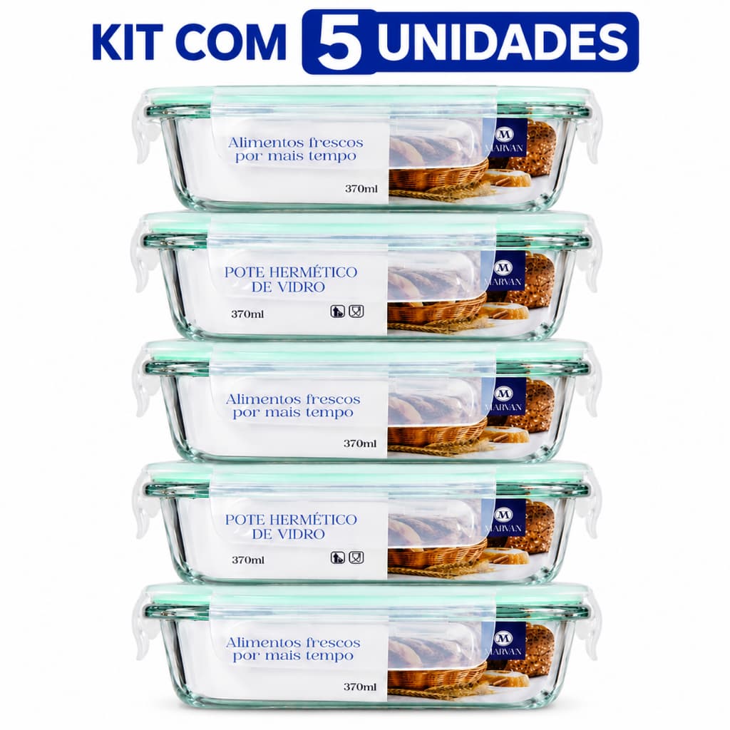 Kit 5 Potes De Vidro Hermético 640ml 4 Travas Marmita Forno