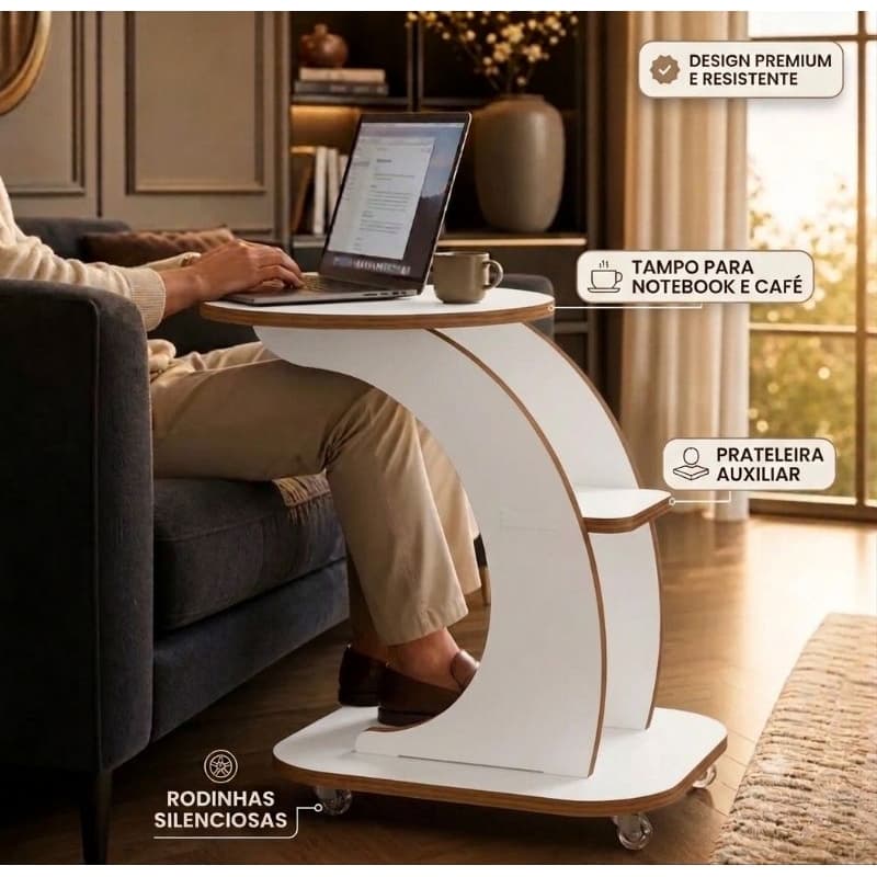 Mesa De Apoio Lateral Para Sala Com Rodinhas Encaixe Rápido