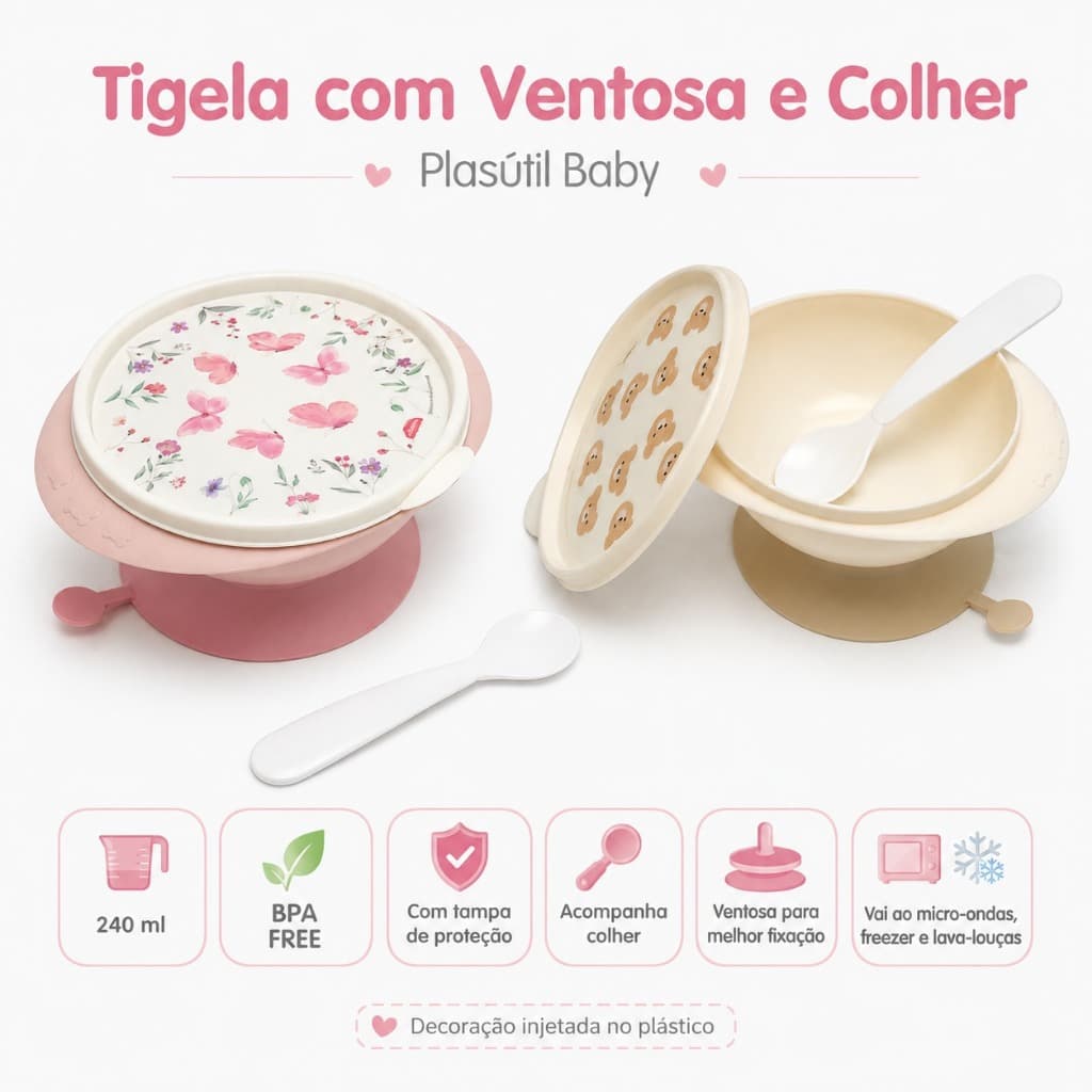 Tigela com ventosa com tampa e colher para alimentação de bebês