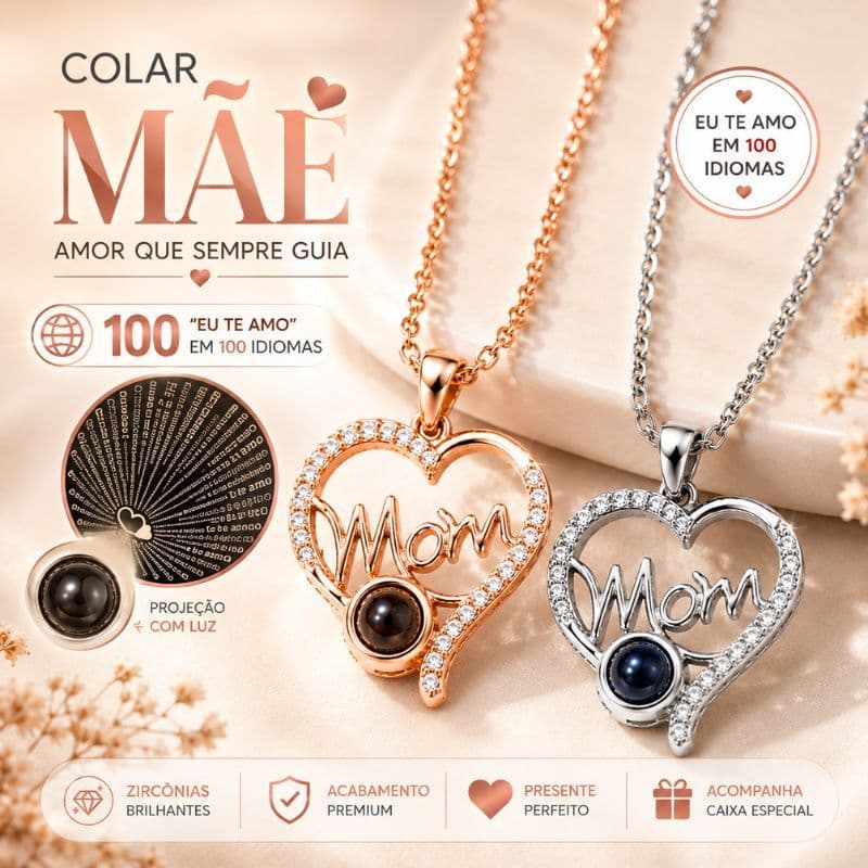Colar Premium Mãe Mom Eu Te Amo 100 Idiomas Pingente Rosa Prata Joia Presente Especial