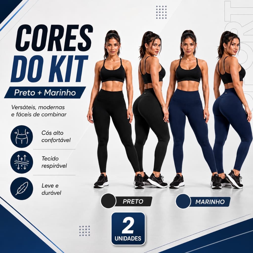 Kit 2 + Leggings Femininas + Cós Alto + Suplex Power + Cintura Alta + Academia + Treino + cores + Fitness.