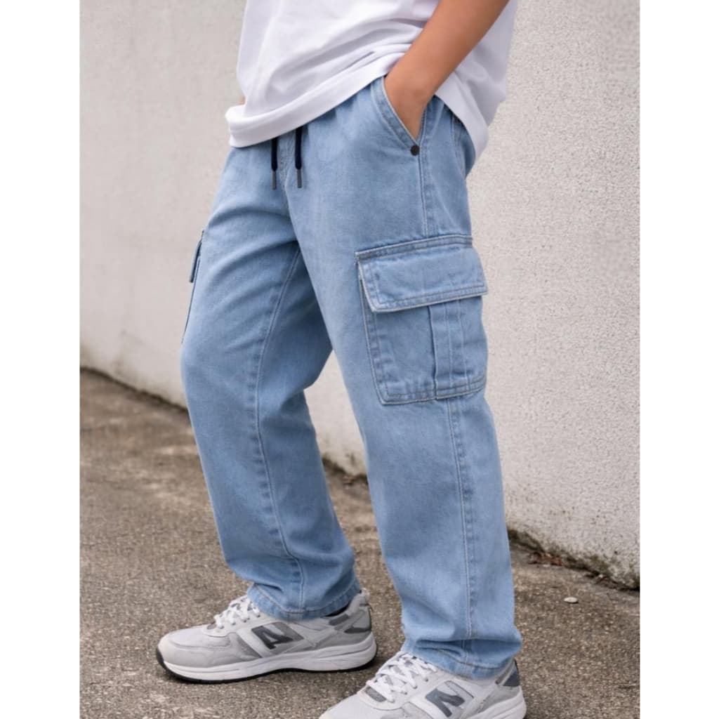 Calça Cargo jeans Clara Infantil Juvenil Skatista Jeans Azul Clara Unissex Menino Menina tamanho 4 a 16