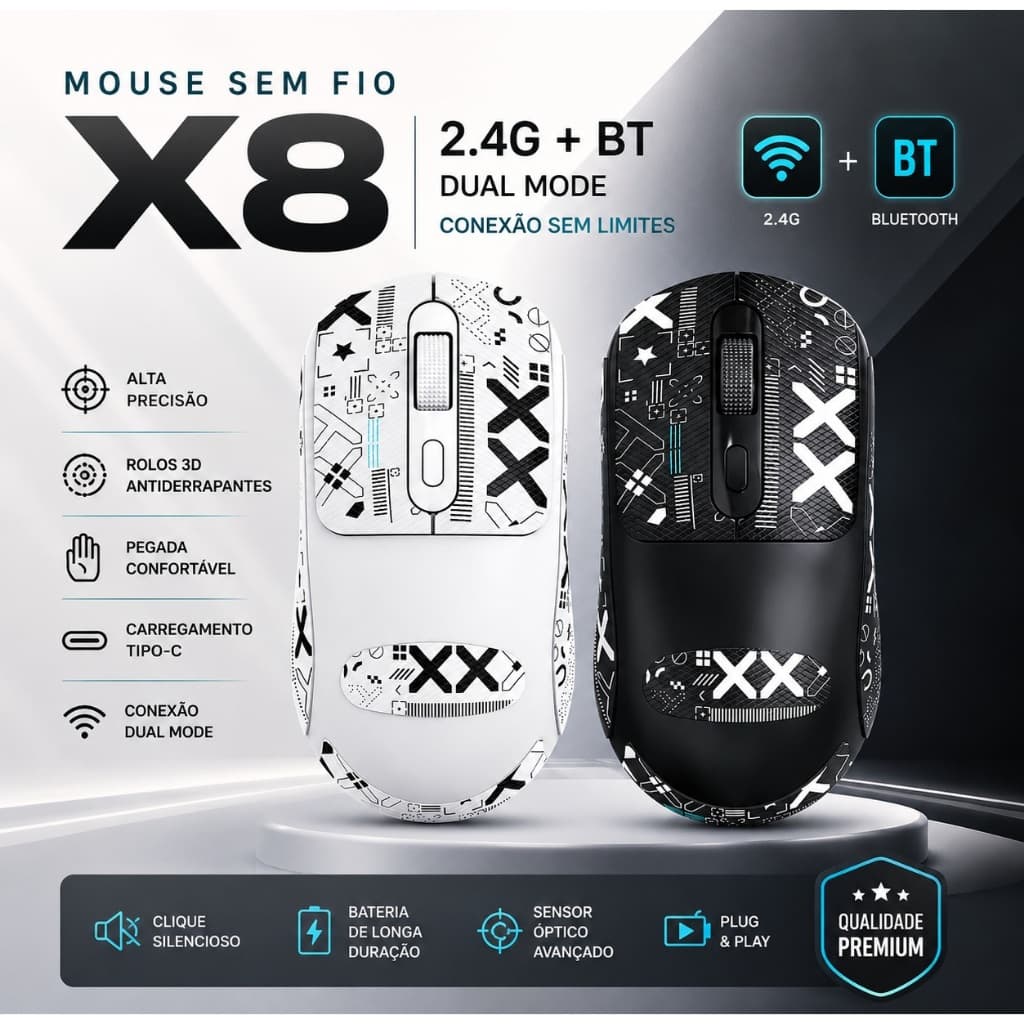 Mouse Gamer Sem Fio Warvank X8 – Recarregável USB-C | Bluetooth + 2.4G | 500mAh