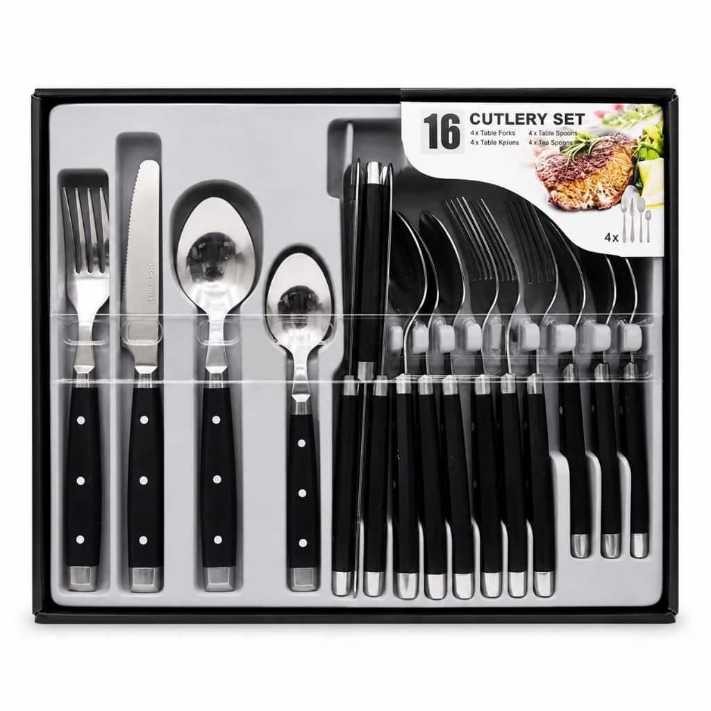Kit Talheres 16 Peças B-Max Aço Inox com Cabo Preto Jogo Completo