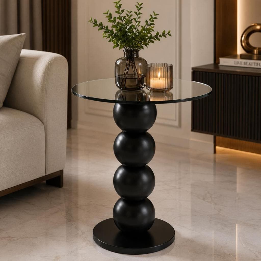Mesa Lateral Moderna Base Bola Madeira Maciça e Vidro Castanho
