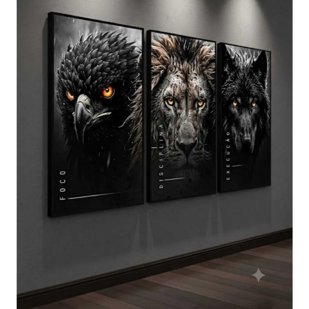 kit 3 quadros decorativos motivacional foco disciplina execuçao leao lobo aguia parede mdf