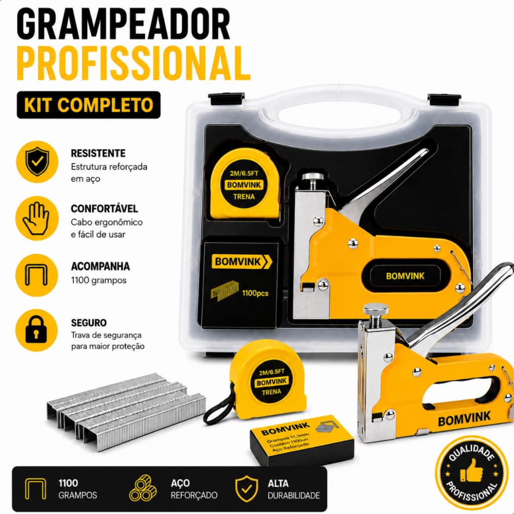 Grampeador Tapeceiro Profissional com Trena 2 Metros + 1100 Grampos e Maleta