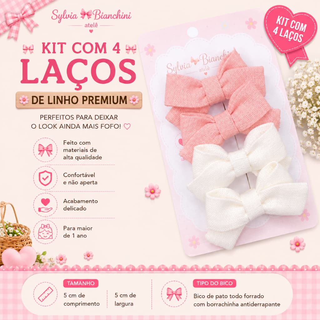 Kit 4 Laços Infantil Linho 5cm Bico de Pato Antiderrapante Bebê Menina