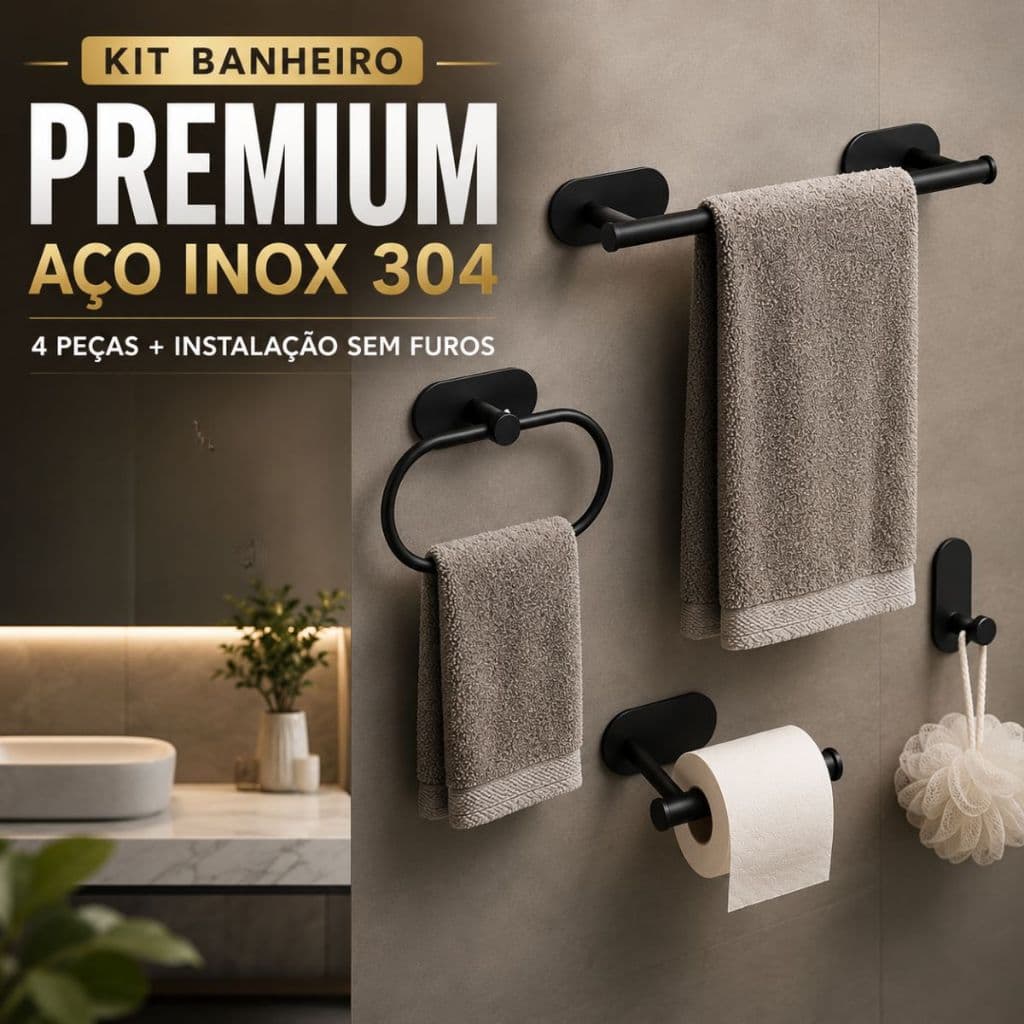 Kit Acessórios De Banheiro Preto 4 Peças Porta Papel Suporte Toalhas Adesivo Sem Furo Aço Inox 304