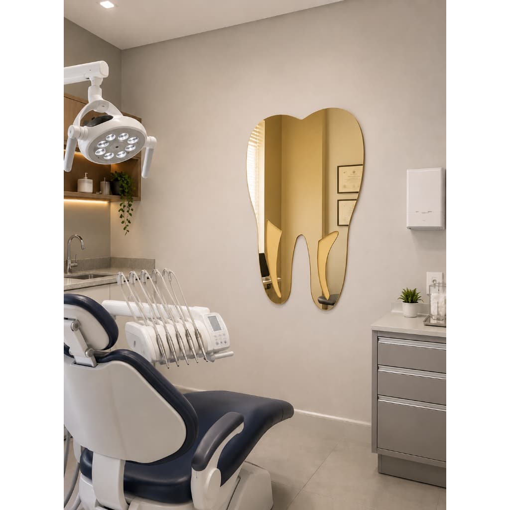 Espelho Dentista Dente Decorativo dourado Autocolante 57alturax37larguracm Grande