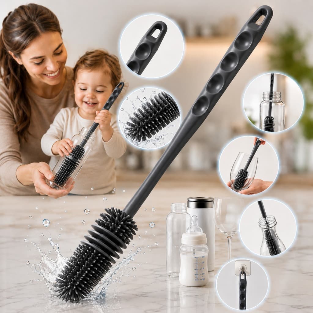 Escova Silicone Para Garrafa Mamadeira Copo Taça Squeeze Limpeza 360° Não Risca Multiuso
