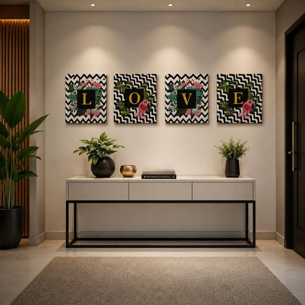 Kit 4 Quadros Decorativos LOVE Tropical Moderno Sala Quarto Hall