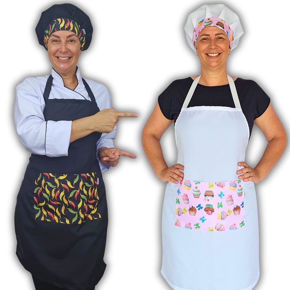 Kit avental e touca gorro de cozinha chapéu de chef