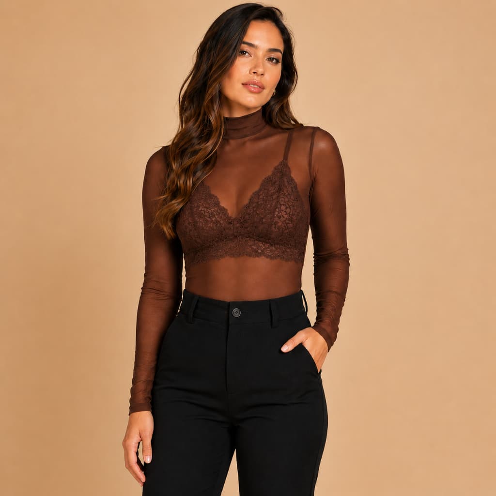 Body Feminino Tule Transparente Manga Longa Gola Alta Cacharrel elegante tendência