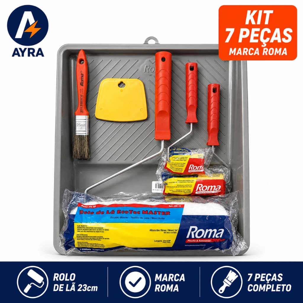 Kit Pintura 7 Peças Roma Flex Rolo Lã 23cm Bandeja  Trincha Espátula Rolinho Espuma Pincel
