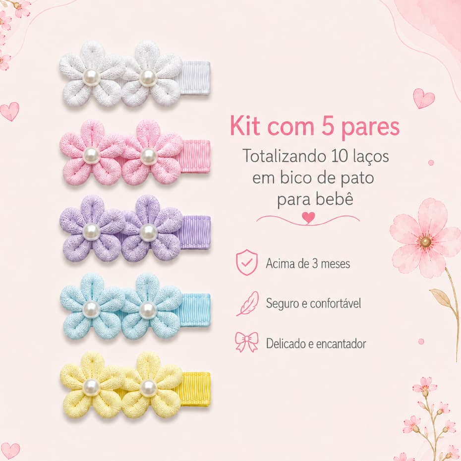 Kit com 5 Pares de Laços no Bico de Pato com Borracha Antiderrapante para Bebê Seguro e Confortavel