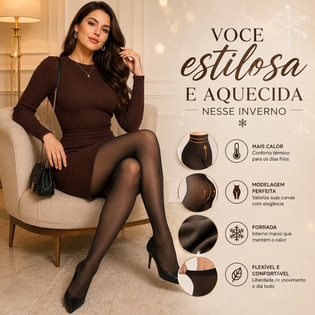 Meia-Calça Térmica Super De Inverno Com a Forra Translúcida De PelucidaTamanho 32x99cm - Preta