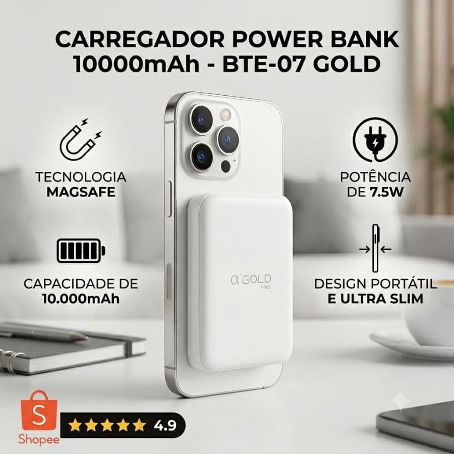 Carregador Sem Fio Magnético Portatil Power Bank Magsafe 10000mah Indução  Para iPhone Samsung A'Gold BTE-07 Original