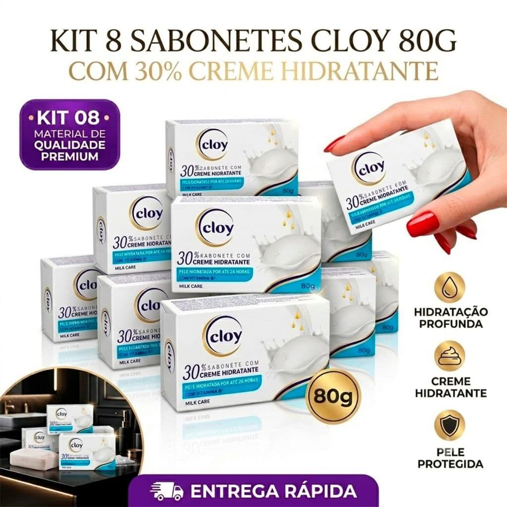 Kit Conjunto 8 Sabonetes Cloy Milk Care 80g Com 30% Creme Hidratante Sabonete Hidratante Branco