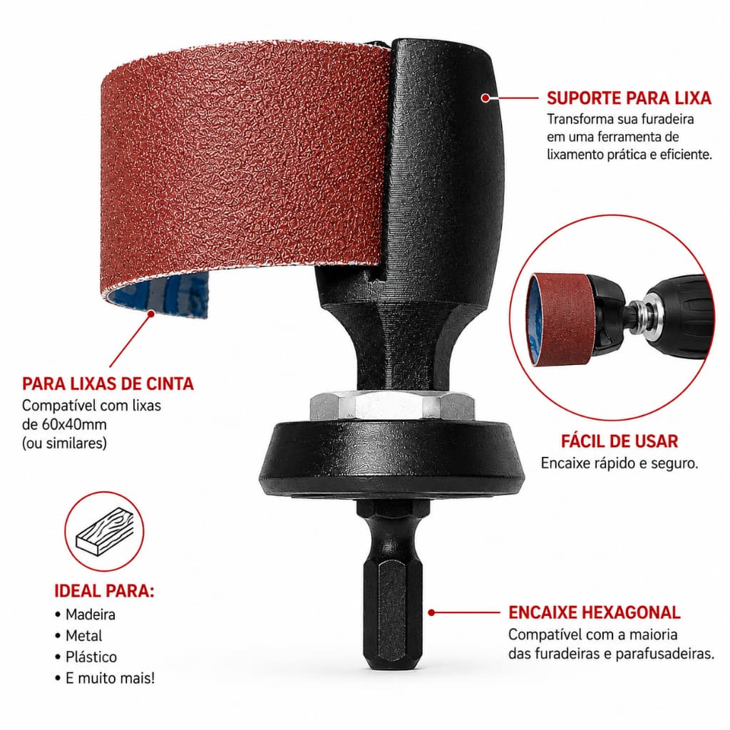 Adaptador de Lixa  para Puradeira Adaptador para Lixa em Furadeira | Suporte para Lixa de Cinta | Acessório para Lixar