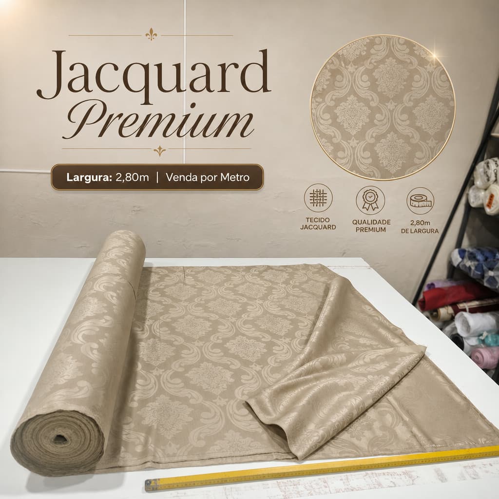 Corte de Tecido Jacquard Luxo Por Metro 100 % Poliéster Cor Bege Premim 2,80 de Largura para Toalhas de Mesa, Cortinas