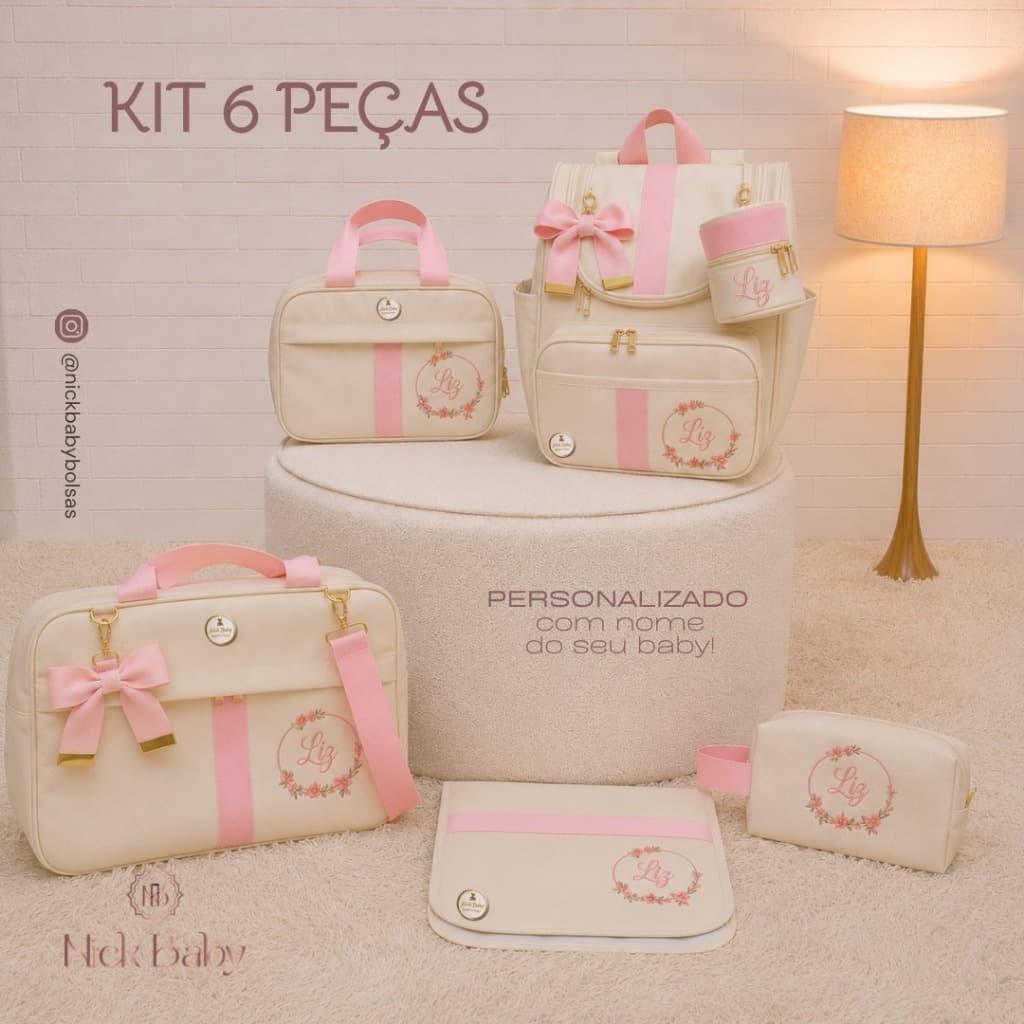 KIT MALA MATERNIDADE COM 6 PEÇAS PERSONALIZADA LUXO. BOLSAS MATERNIDADE PERSONALIZADA COM NOME DO BEBÊ. NICK BABY BOLSAS