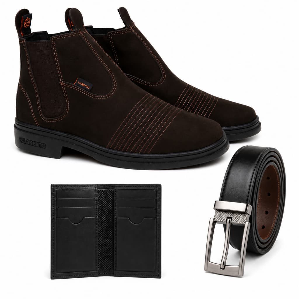 Bota Cano Baixo Masculina Country Vaqueiro Calçado Presente Dia Dos Pais Kit Com Porta Cartões + Cinto 1,20 Dupla Face