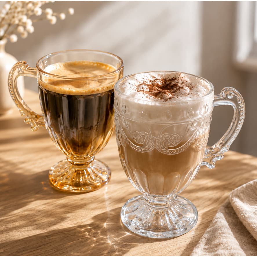 Jogo 6 Canecas de Vidro 190ml 10,5x8cm com Pé Roma ou Milão | Âmbar ou Transparente | Xícara para Café e Cappuccino