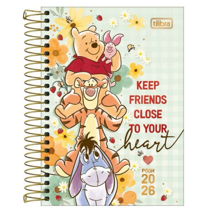 Planner 2026 Ursinho Pooh Espiral – Capa Floral com Elástico