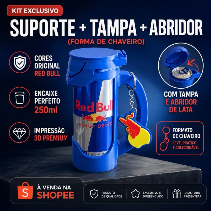 TÍTULO  Suporte para Lata com Tampa Flip Top + Chaveiro Abridor | Impressão 3D Premium | Kit Completo Redbull