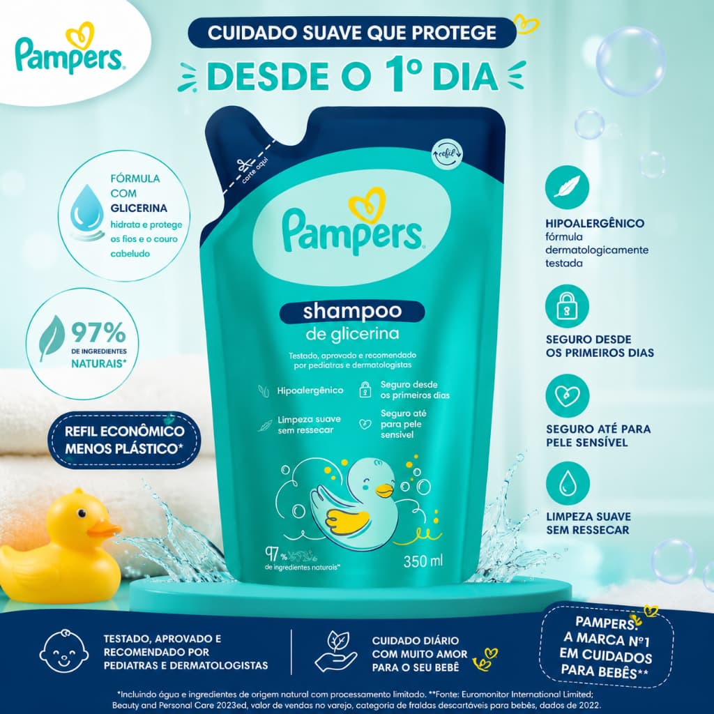 Shampoo Pampers de Glicerina Refil 350ml Hipoalergênico Limpeza Suave para Bebês