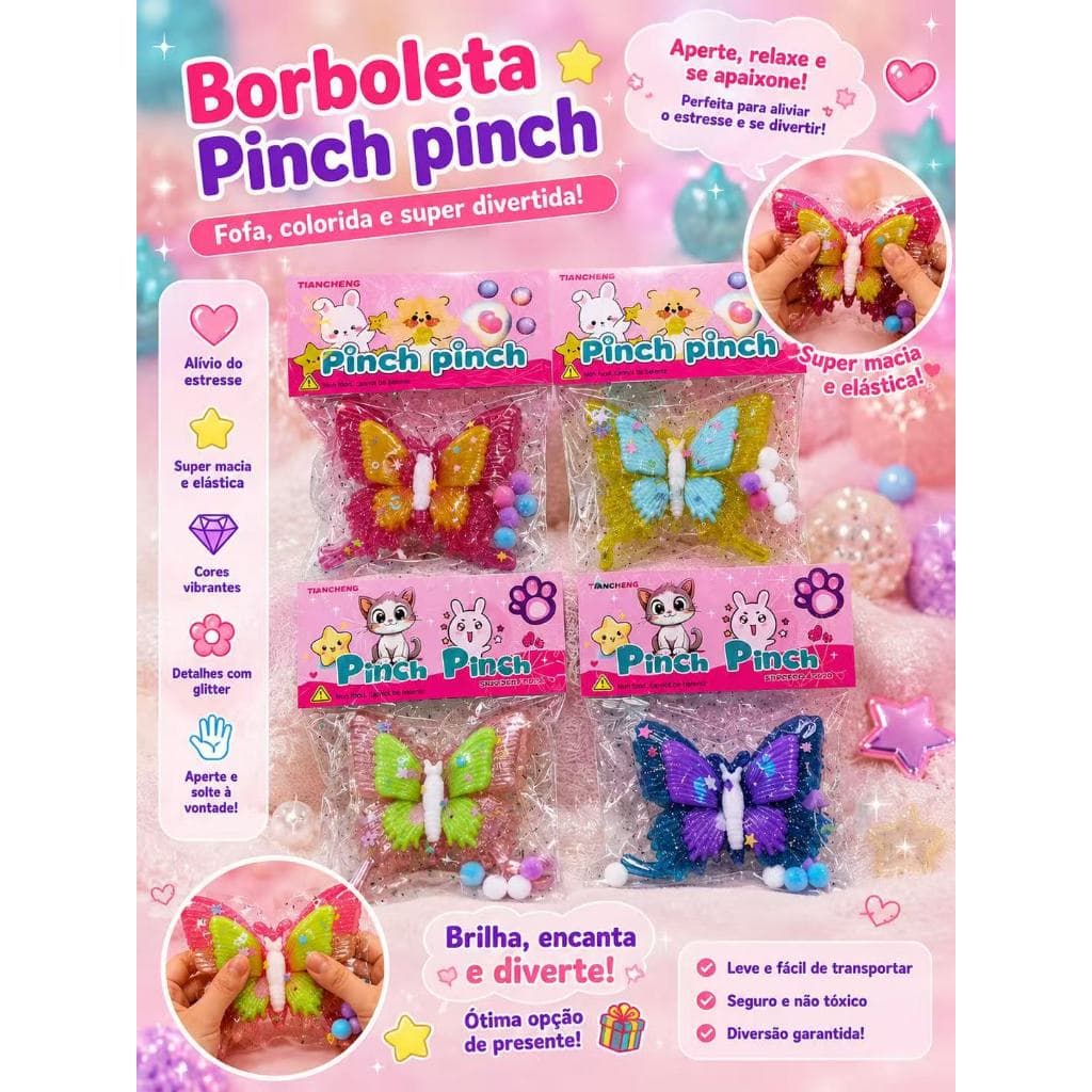 Squishy Borboleta Antiestresse Pinch Pinch Fidget Toy Brinquedo Sensorial Macio Colorido com Glit