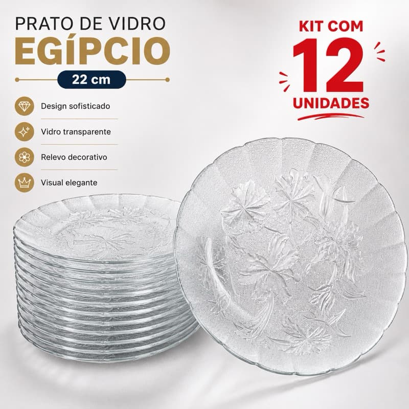 Kit com 12 Pratos De Vidro Egípcio Fundo Transparente 22cm Moderno Resistente e Sofisticado
