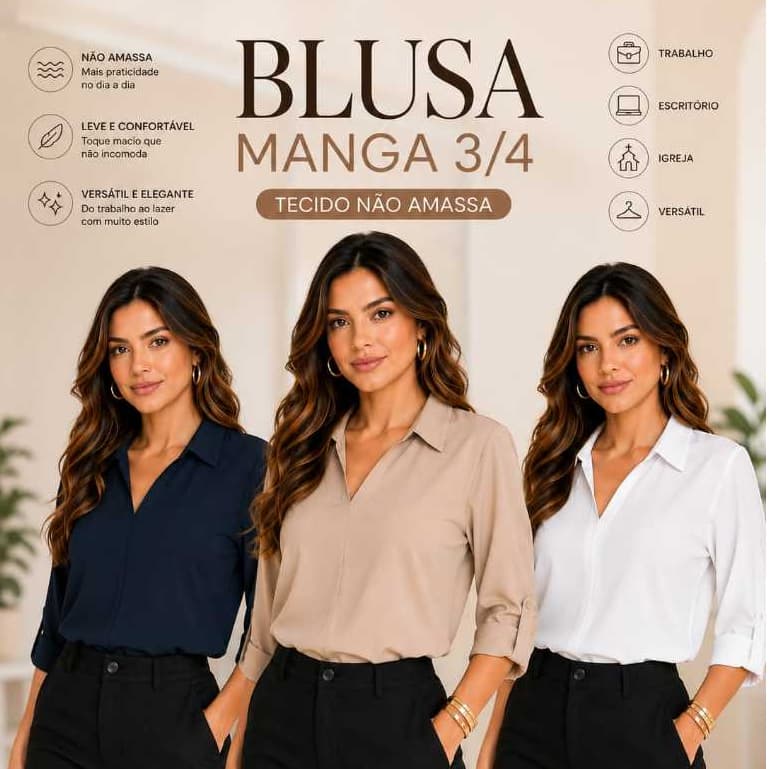 Blusa Camisa Social Feminina Manga 3/4 Com Botão Verão Estilosa Elegante | Envio Imediato
