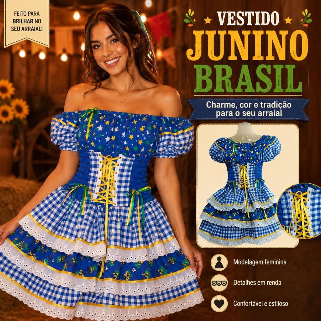 Vestido Feminino Junino Luxo  Adulto Para São João Copa do Mundo - Brasil