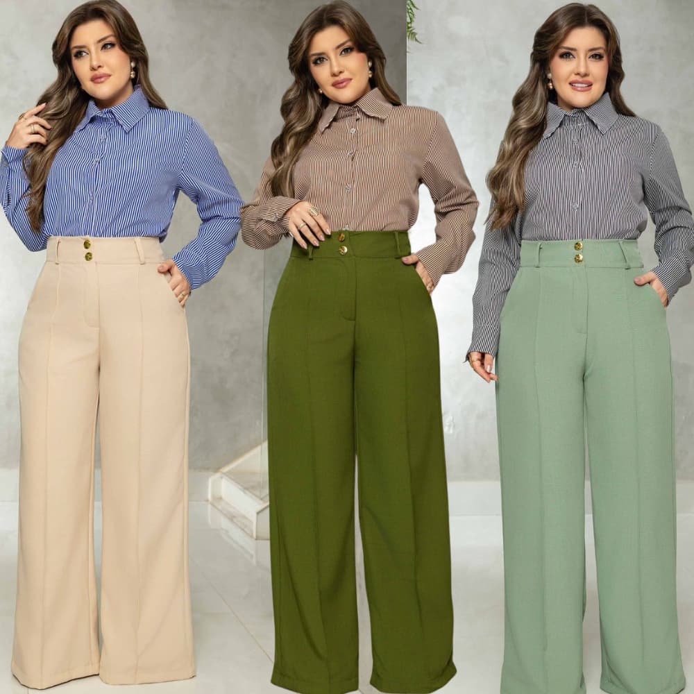 Calça Pantalona Feminina Alfaiataria Premium Plus Size Cintura Alta Com Bolsos E 2 Botão Dourados Em Promoção M G GG G1