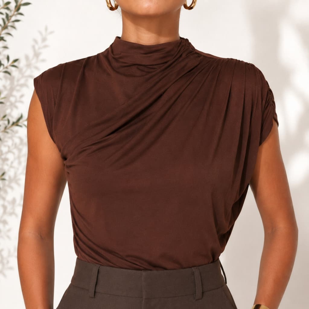 Blusa Feminina Elegante Gola Alta Sem Manga Balada Casual Chique Minimalista Confortavel Soltinha Moda Blogueira