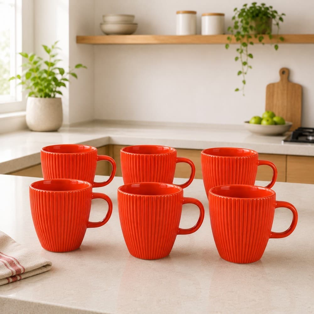 Kit 12 Caneca Canelada Porcelana Vermelha 250 ml Para Café Chá Leite Cappuccino Mesa Posta Cozinha Restaurante