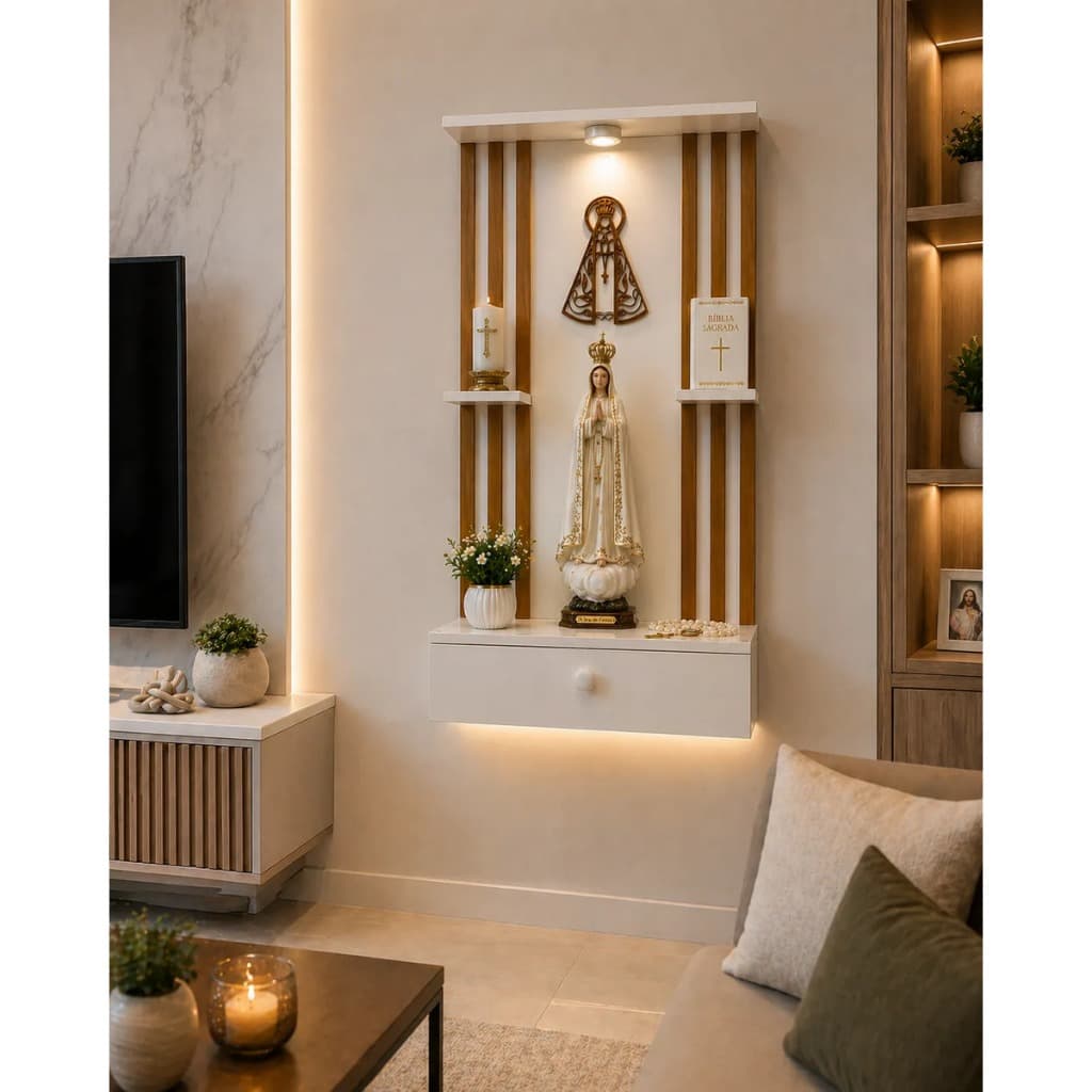Altar Parede Ripado Imagem Nossa Senhora Capela Oração C/led
