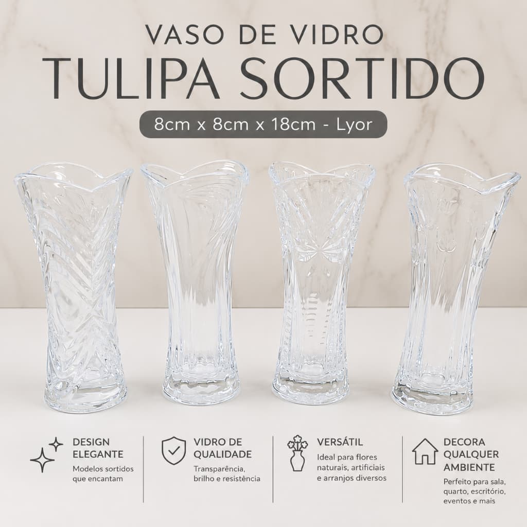Vaso de Vidro Tulipa Sortido 8cm x 8cm x 18cm - Lyor