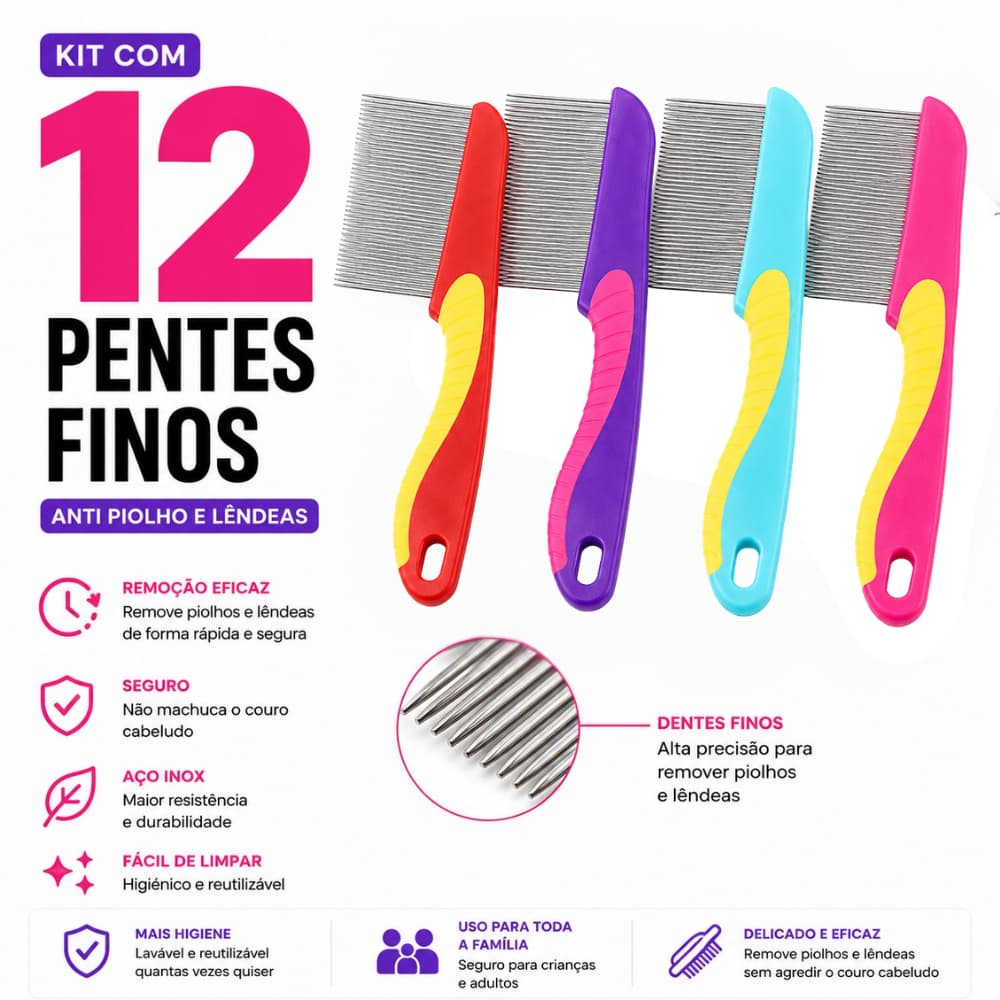 Kit 12 Pentes Fino Anti Piolho em Aço Inox com Cabo Emborrachado – Remove Piolhos e Lêndeas