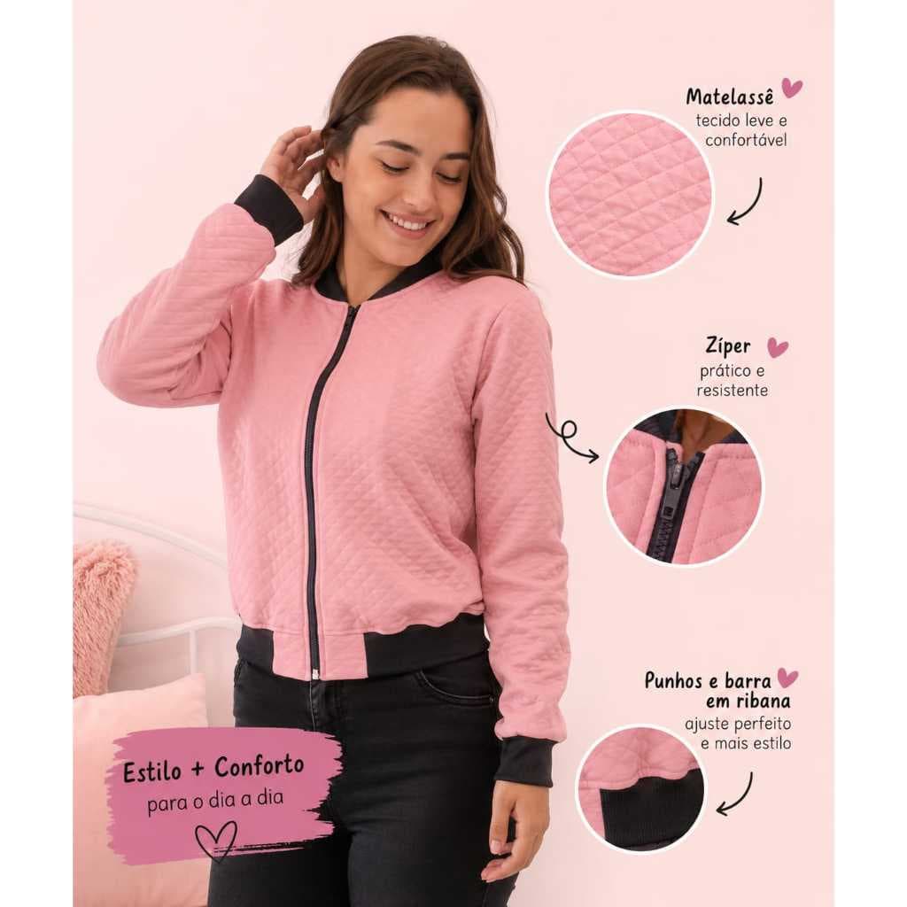 Jaqueta Bomber Feminina Matelassê Com Punho Ribana Zíper Frontal Casaco Confortável Casual Inverno Moda