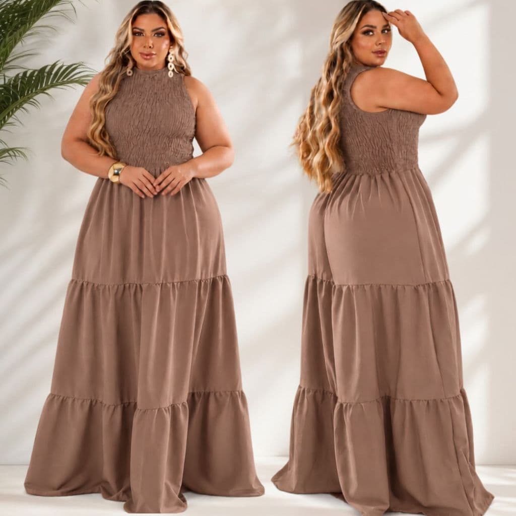 Vestido Plus Size Longo Gola Alta Lastex Cavado Moda Maior Elegante 48 ao 52 Confortável Sofisticado Chic.