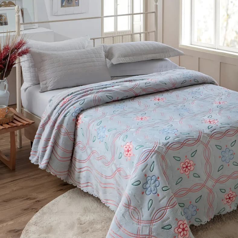 Colcha Queen Aveludada Jolitex Solitudine Azul Floral 2,40x2,60m Cobre Leito Macio Enxoval Moderno