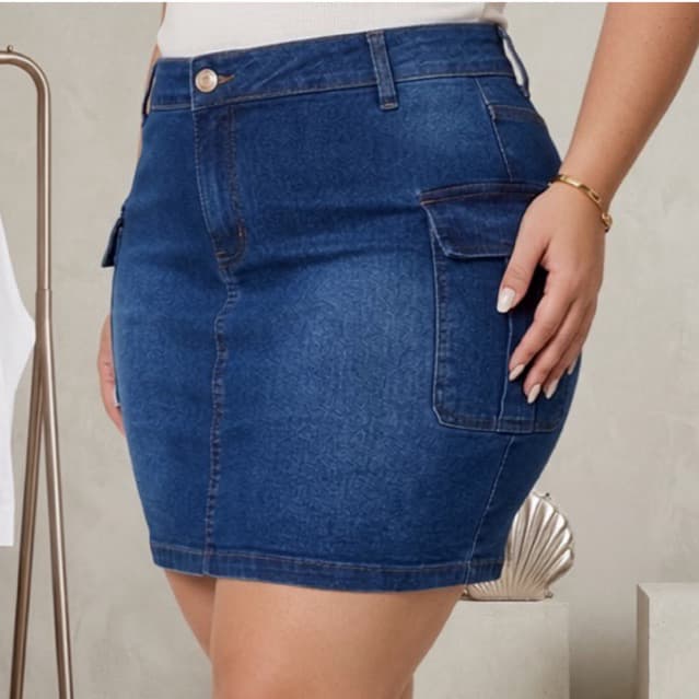 SAIA CARGO JEANS PLUS SIZE CINTURA ALTA COM LYCRA E BOLSO LATERAL DO 46 AO 54 MODA BLOGUEIRA