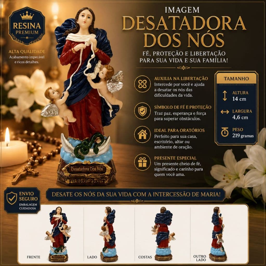 Imagem Nossa Senhora Desatadora dos Nós 14cm Resina Católica Santo Decoração Religiosa AltaQualidade